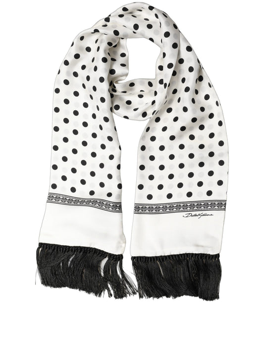 Dolce & Gabbana White Black Polka Dot Fringed Shawl Scarf