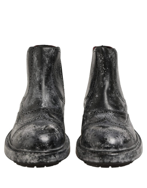Dolce & Gabbana Black Gray Leather Ankle Chelsea Boots Shoes