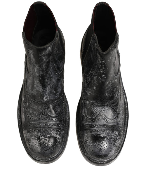 Dolce & Gabbana Black Gray Leather Ankle Chelsea Boots Shoes
