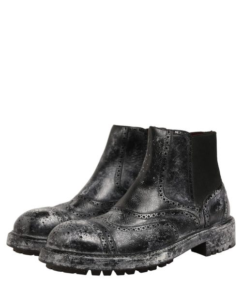 Dolce & Gabbana Black Gray Leather Ankle Chelsea Boots Shoes