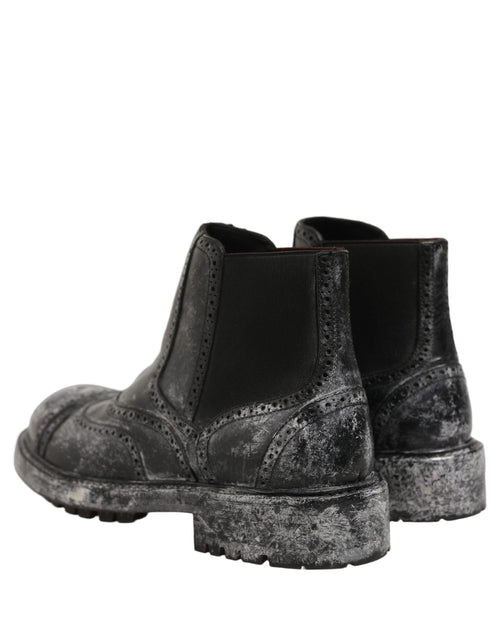Dolce & Gabbana Black Gray Leather Ankle Chelsea Boots Shoes
