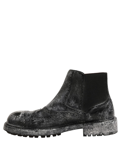 Dolce & Gabbana Black Gray Leather Ankle Chelsea Boots Shoes