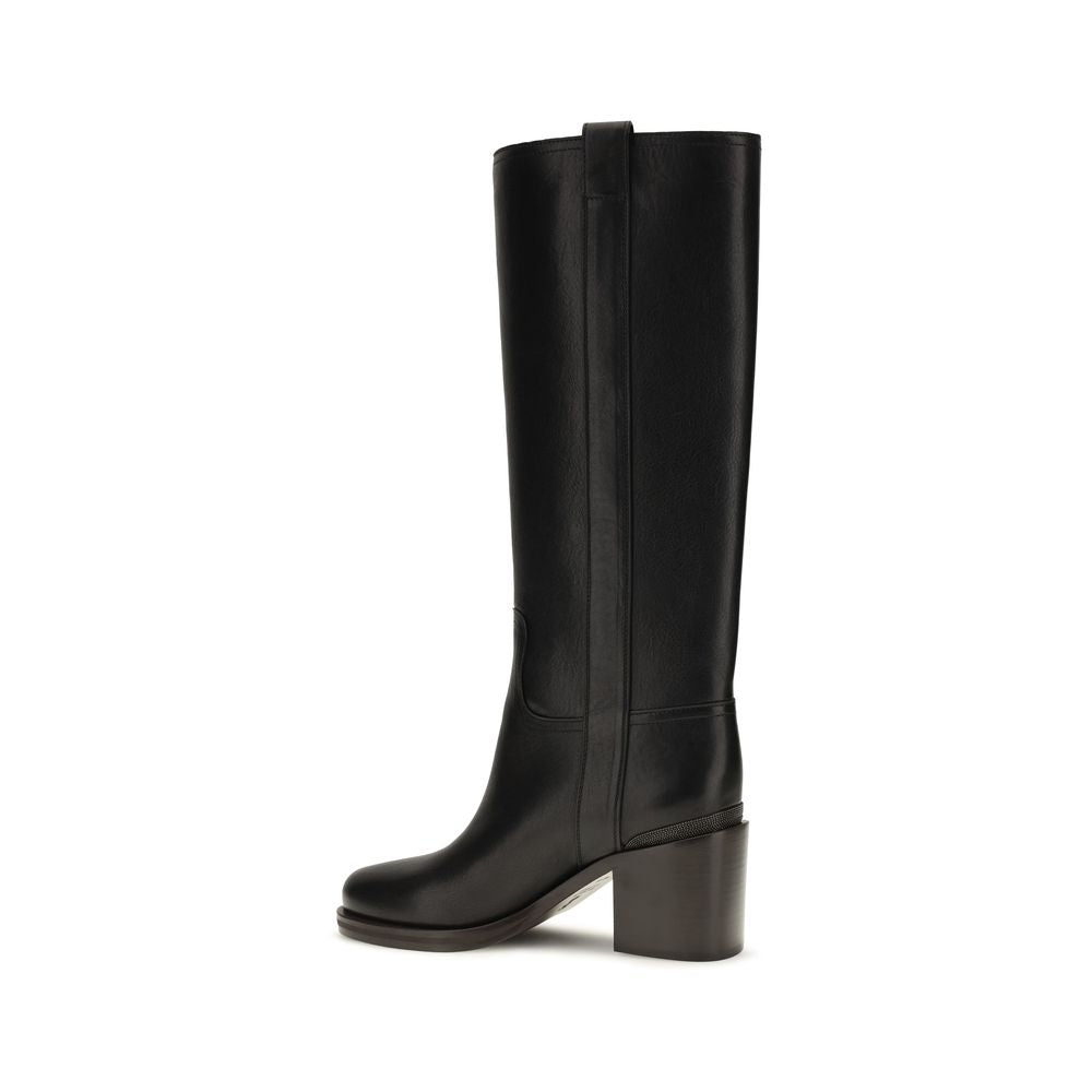 Brunello Cucinelli Black Calf Leather Bos Taurus High Heel Boots