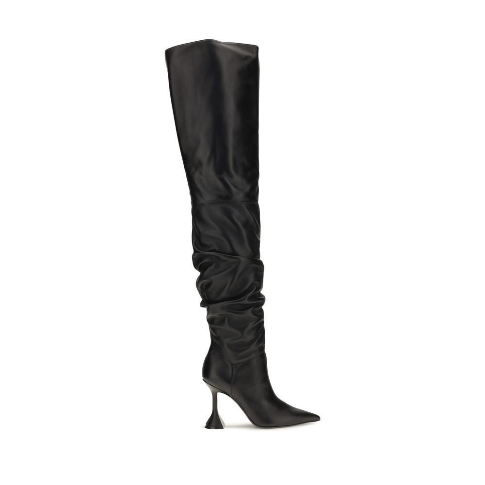 Amina Muaddi Black Calf Leather Over The Knee