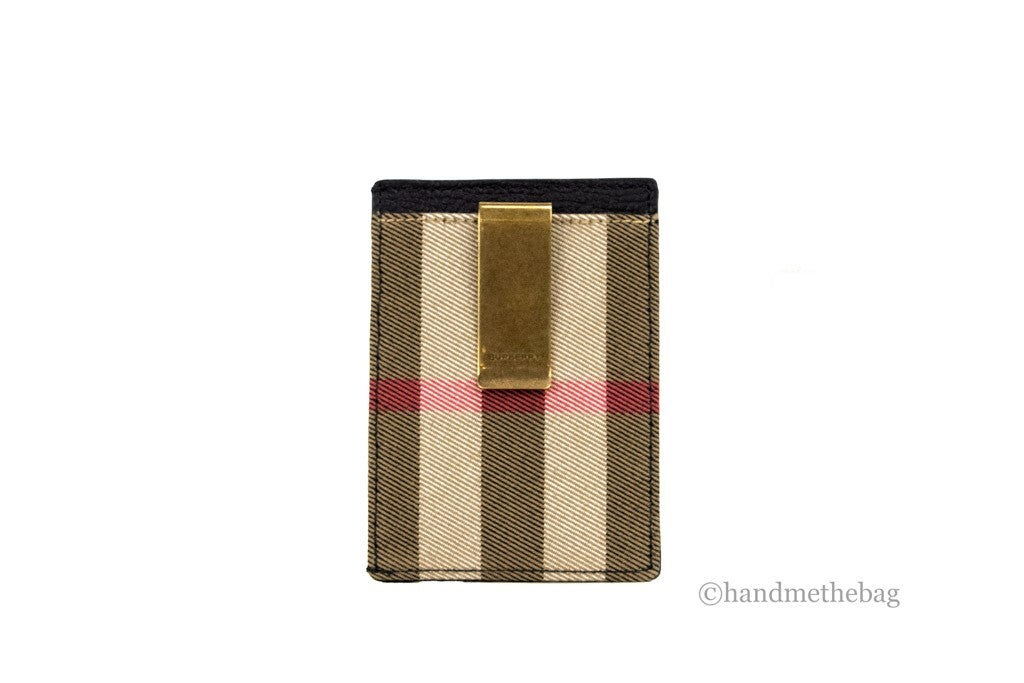 Burberry House Check Chase Black Leather Money Clip Card Holder