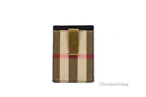 Burberry House Check Chase Black Leather Money Clip Card Holder
