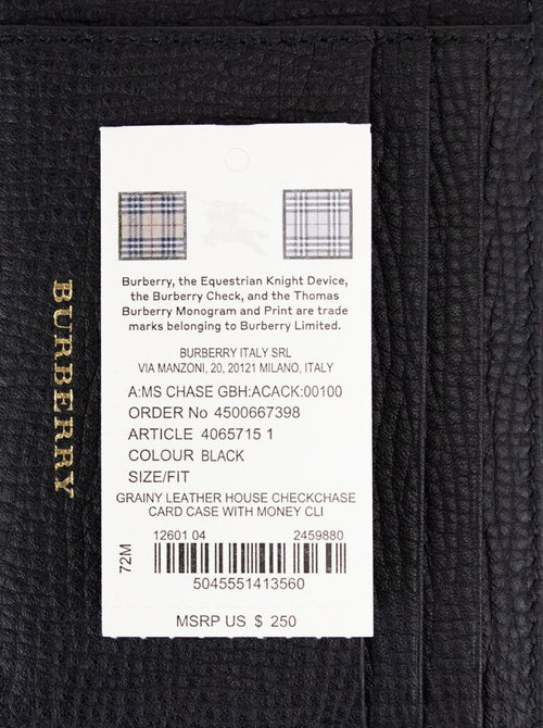 Burberry House Check Chase Black Leather Money Clip Card Holder