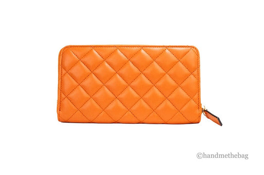 Versace Large Dark Orange Quilted Smooth Leather Continental Clutch Zip Wallet