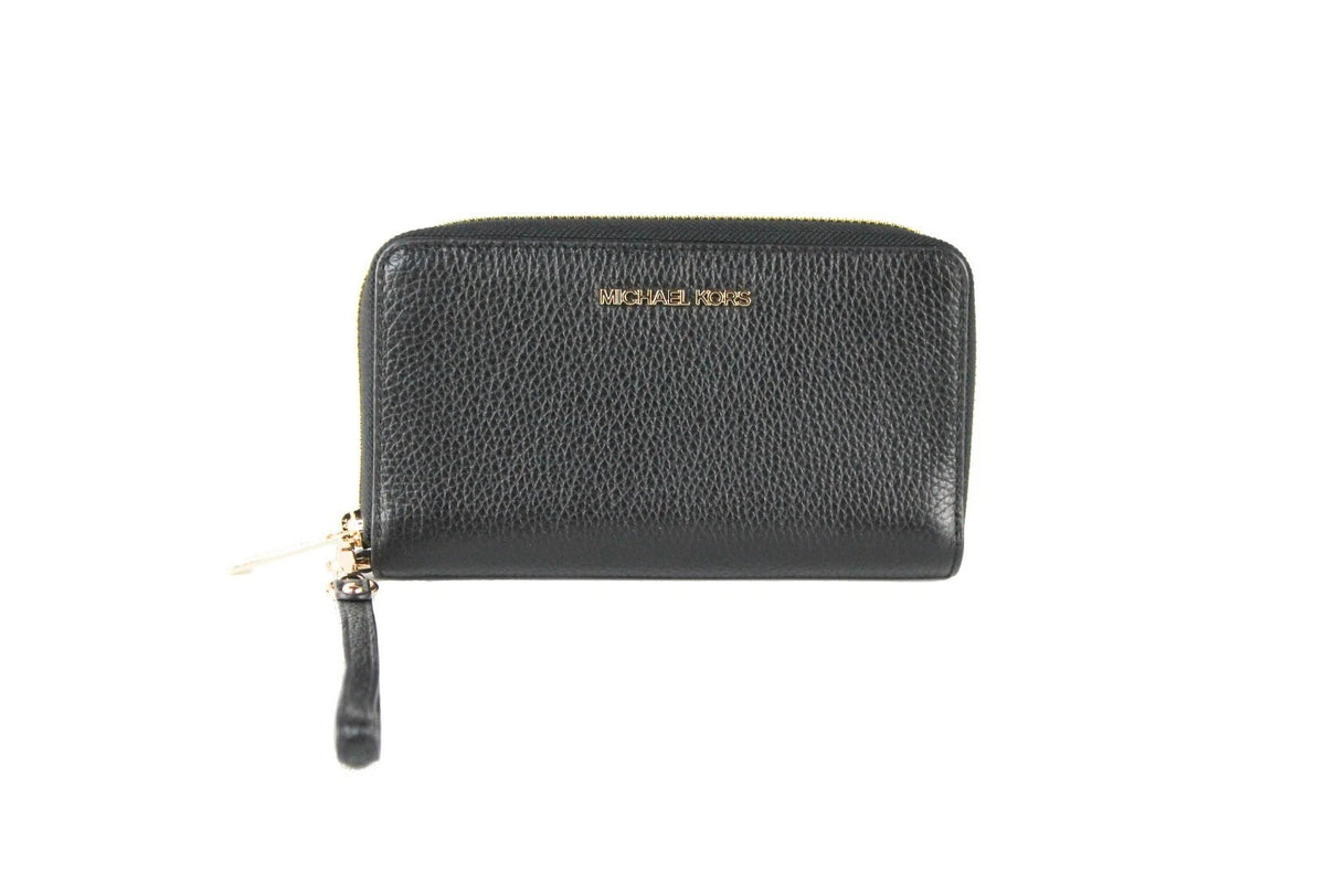 Michael Kors Jet Set Travel Large Black Pebbled Leather Phone Wristlet