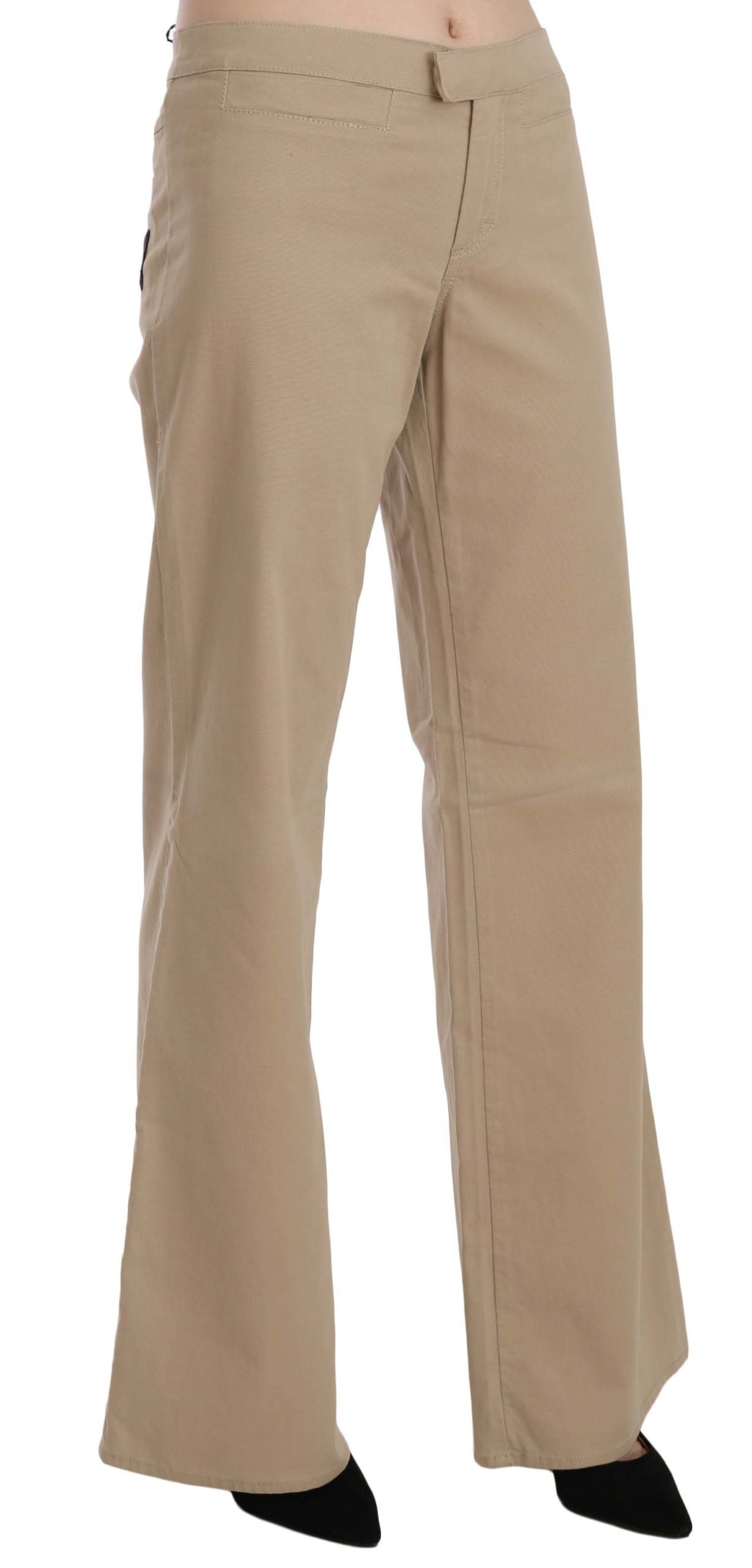 Just Cavalli Beige Cotton Mid Waist Flared Trousers Pants - ClickThatClicks 