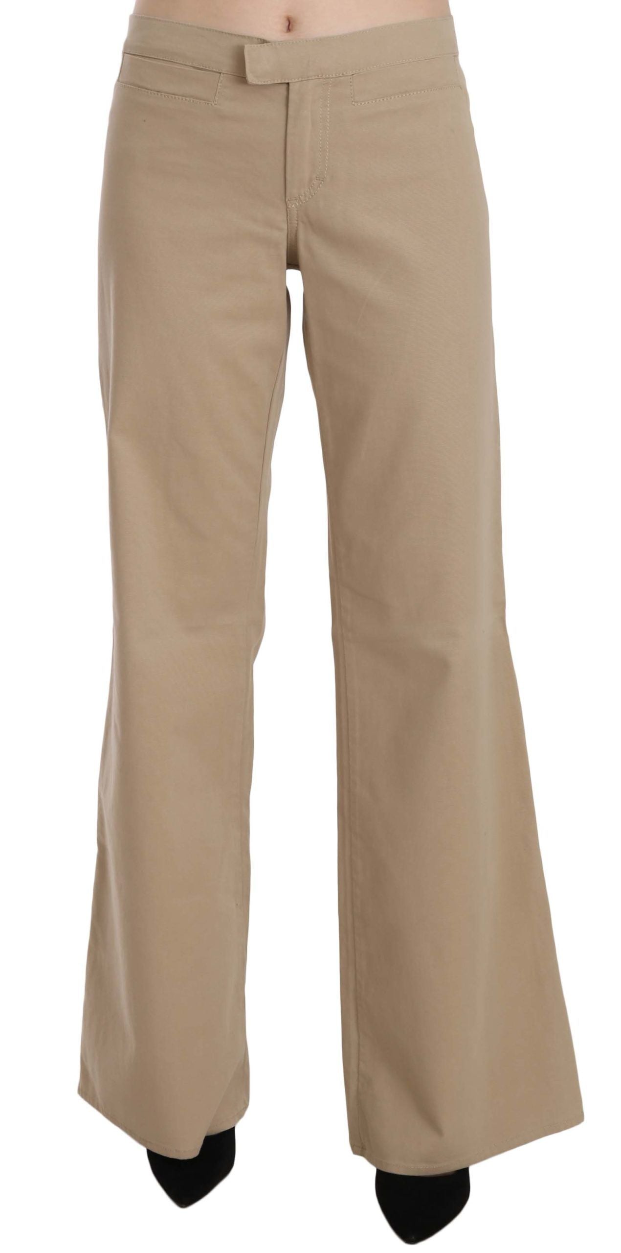 Just Cavalli Beige Cotton Mid Waist Flared Trousers Pants - ClickThatClicks 
