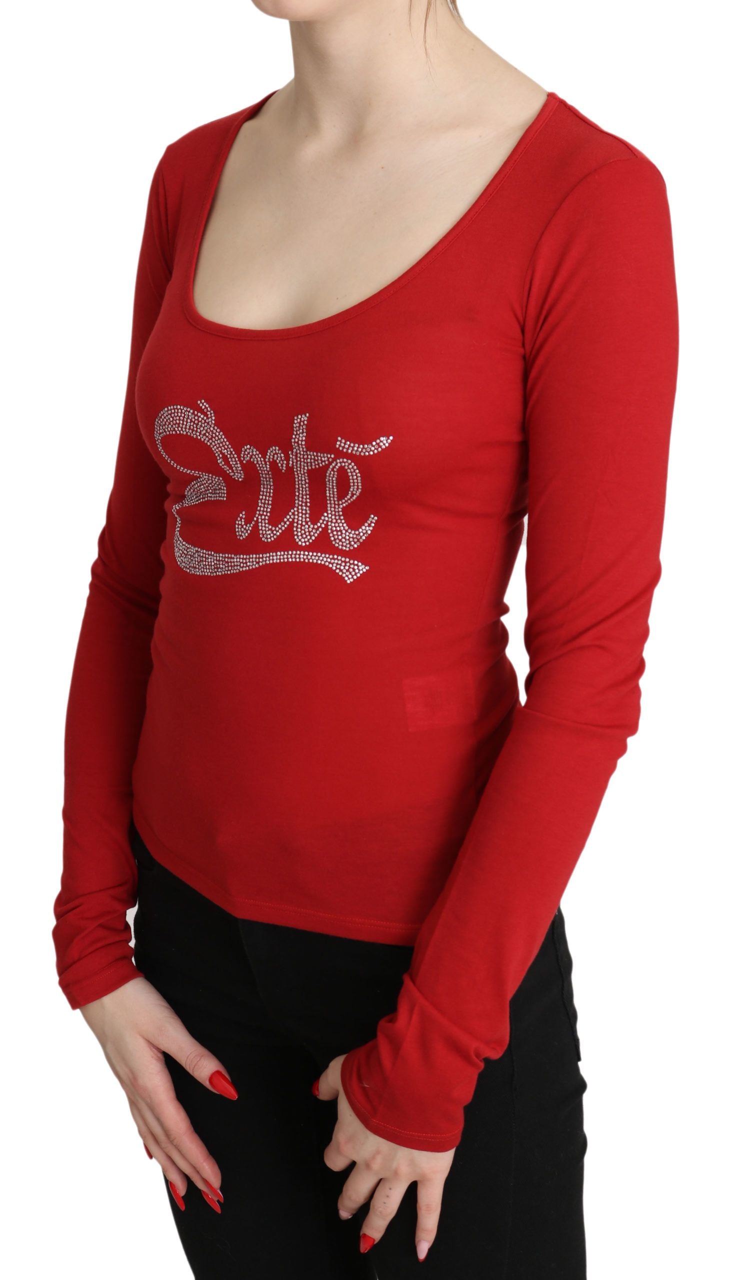Red Exte Crystal Embellished Long Sleeve Top Blouse - ClickThatClicks 
