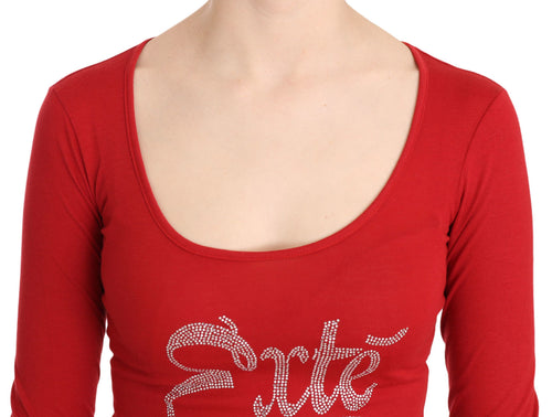 Red Exte Crystal Embellished Long Sleeve Top Blouse - ClickThatClicks 