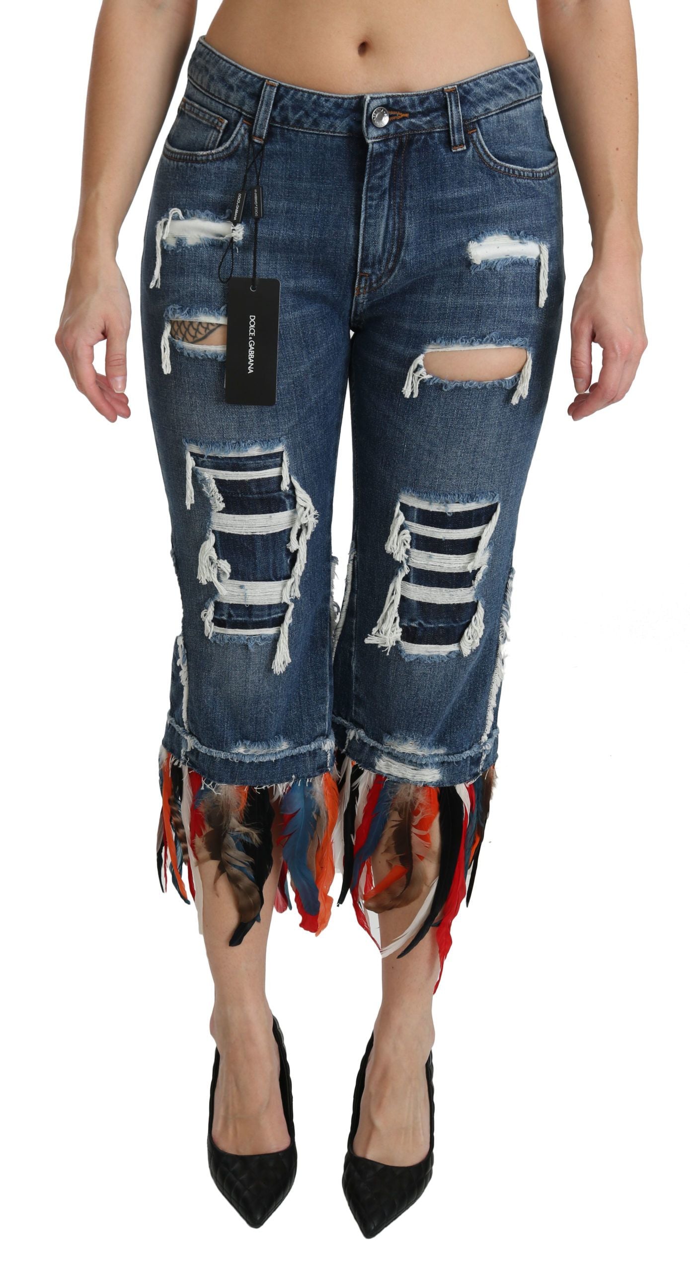 Dolce & Gabbana Blue Feathers Low Waist Cropped Cotton Jeans - ClickThatClicks 