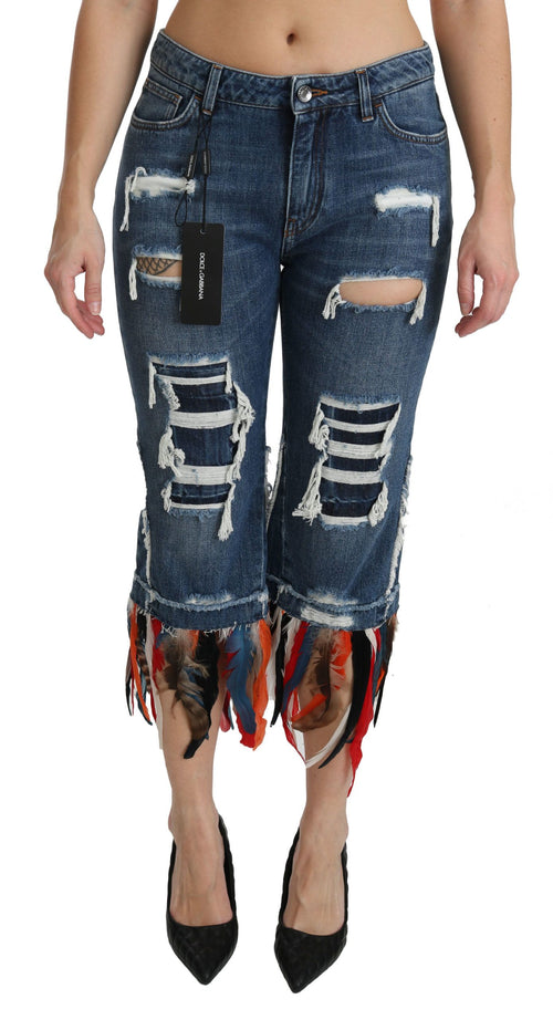 Dolce & Gabbana Blue Feathers Low Waist Cropped Cotton Jeans - ClickThatClicks 