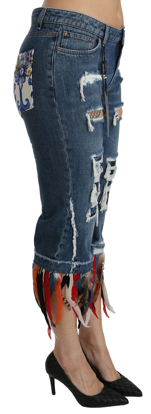 Dolce & Gabbana Blue Feathers Low Waist Cropped Cotton Jeans - ClickThatClicks 