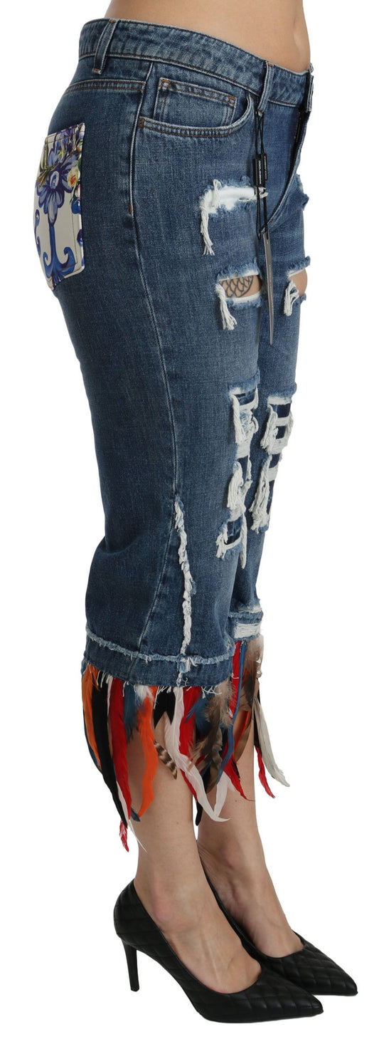 Dolce & Gabbana Blue Feathers Low Waist Cropped Cotton Jeans - ClickThatClicks 