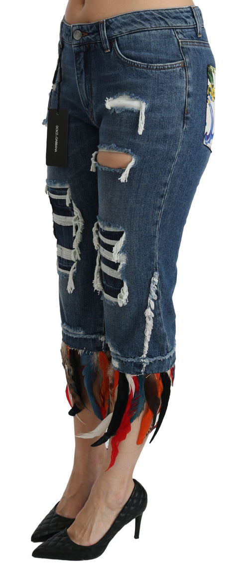 Dolce & Gabbana Blue Feathers Low Waist Cropped Cotton Jeans - ClickThatClicks 