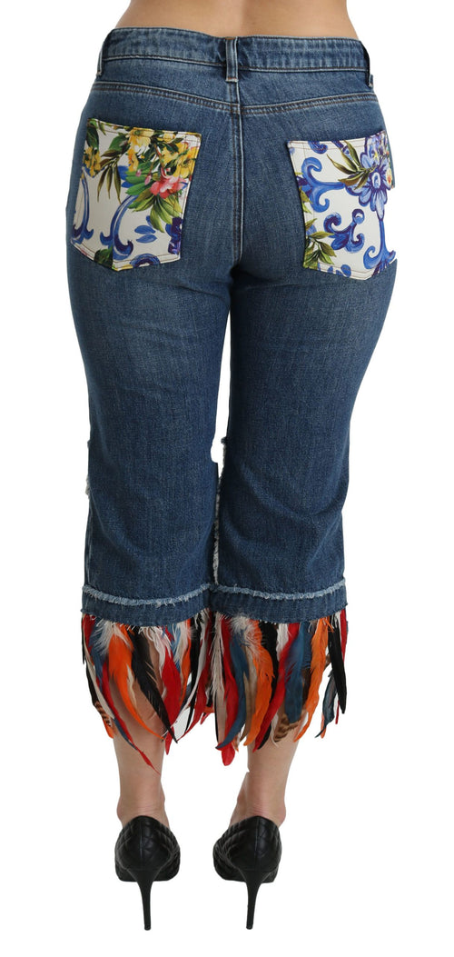 Dolce & Gabbana Blue Feathers Low Waist Cropped Cotton Jeans - ClickThatClicks 