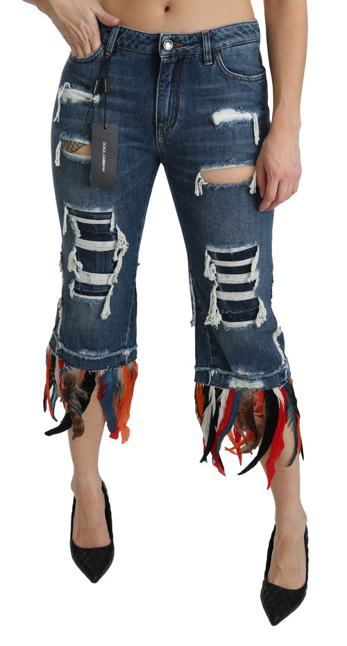 Dolce & Gabbana Blue Feathers Low Waist Cropped Cotton Jeans - ClickThatClicks 