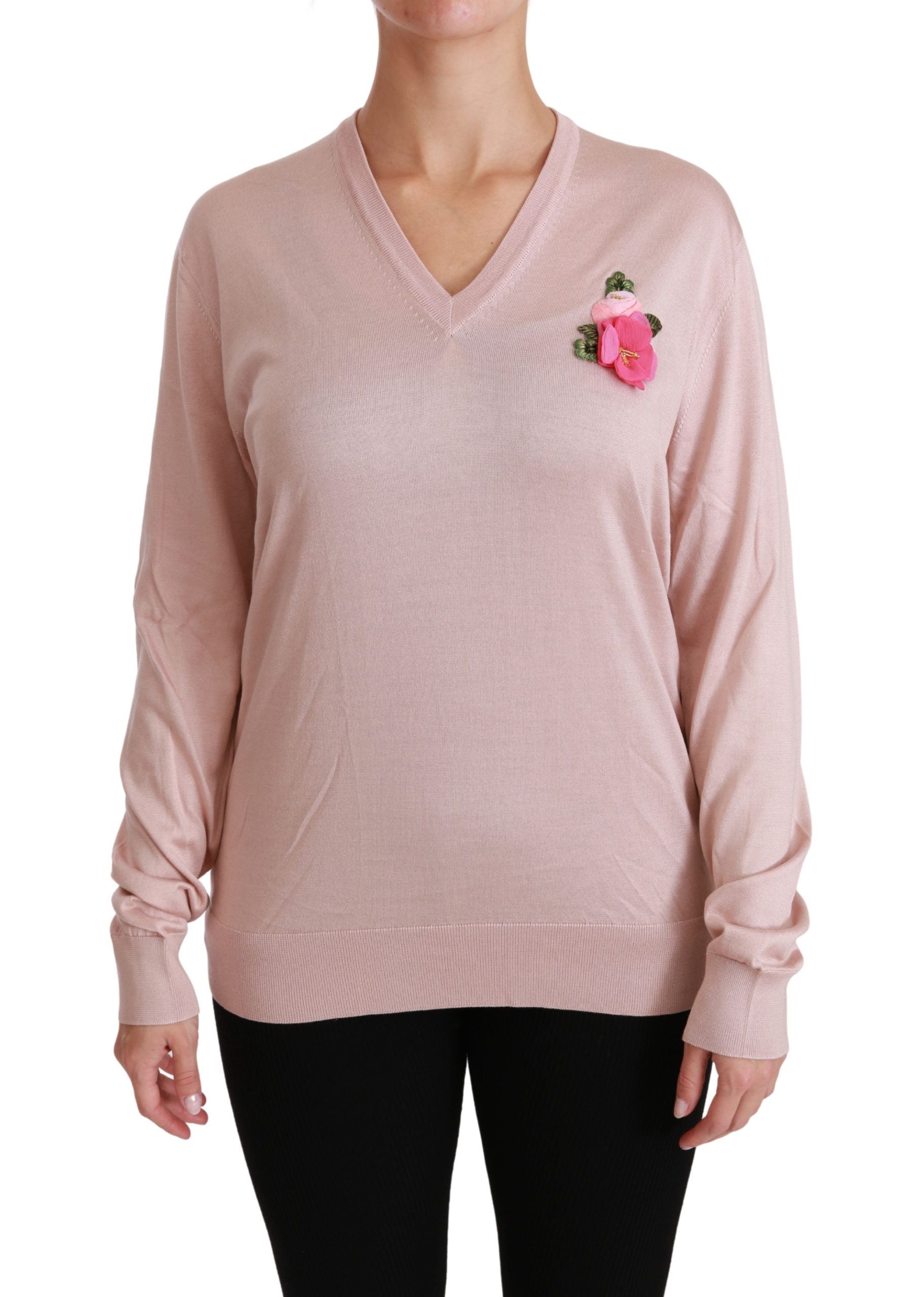 Dolce & Gabbana Pink Floral Embellished Pullover Silk Sweater - ClickThatClicks 