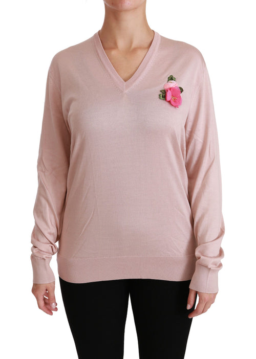Dolce & Gabbana Pink Floral Embellished Pullover Silk Sweater - ClickThatClicks 