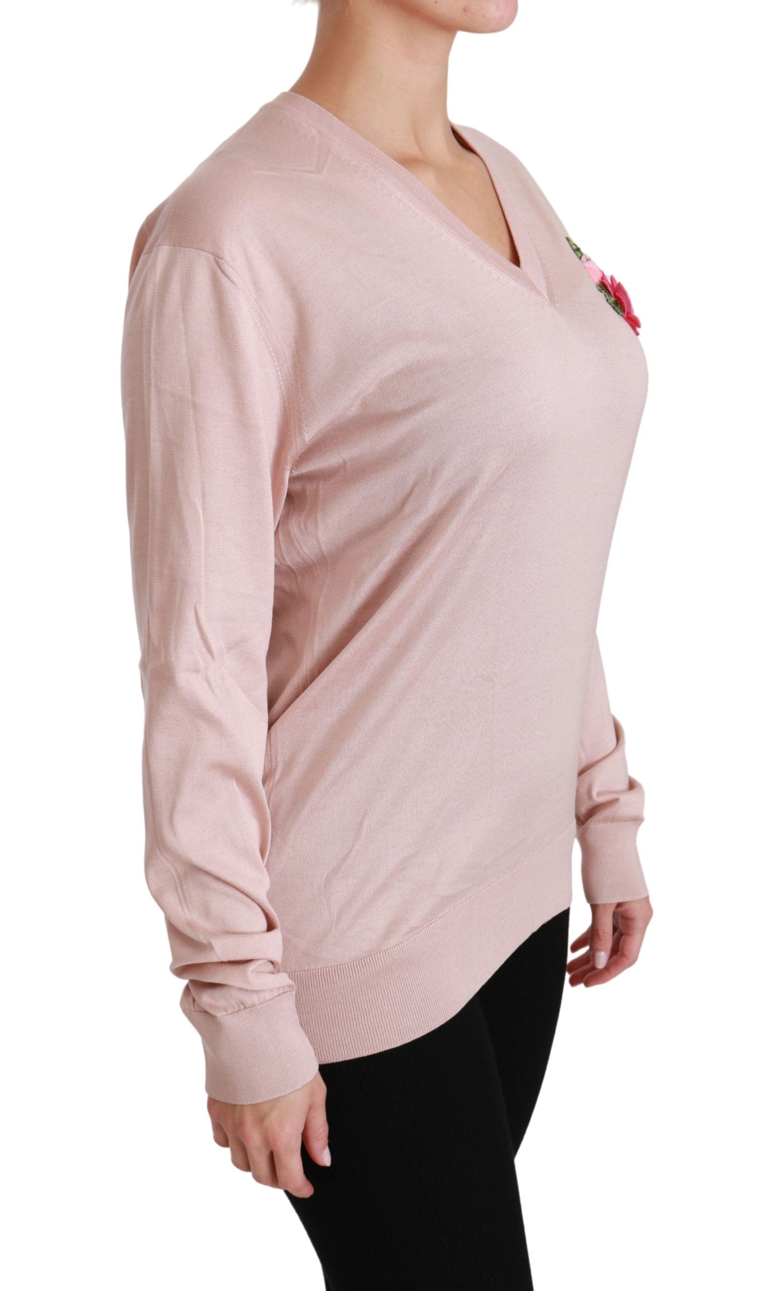 Dolce & Gabbana Pink Floral Embellished Pullover Silk Sweater - ClickThatClicks 
