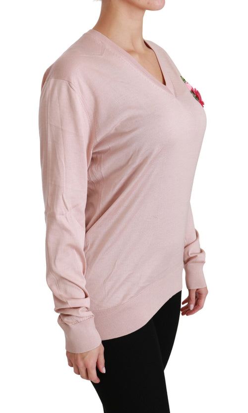 Dolce & Gabbana Pink Floral Embellished Pullover Silk Sweater - ClickThatClicks 