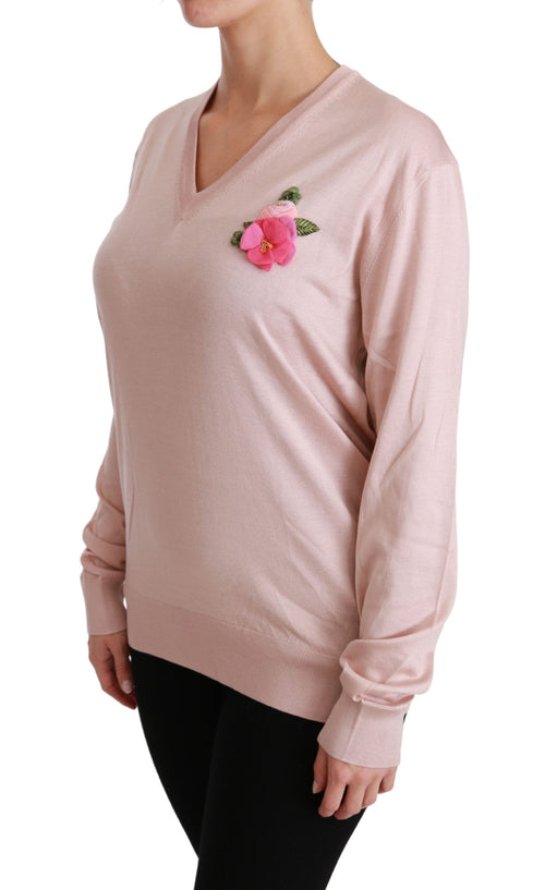 Dolce & Gabbana Pink Floral Embellished Pullover Silk Sweater - ClickThatClicks 