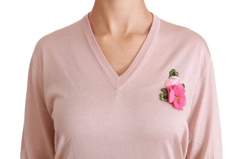 Dolce & Gabbana Pink Floral Embellished Pullover Silk Sweater - ClickThatClicks 
