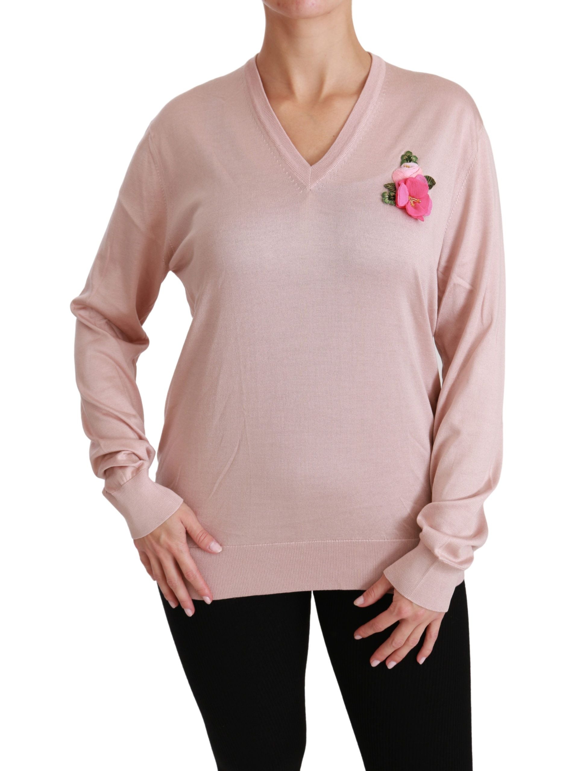 Dolce & Gabbana Pink Floral Embellished Pullover Silk Sweater - ClickThatClicks 