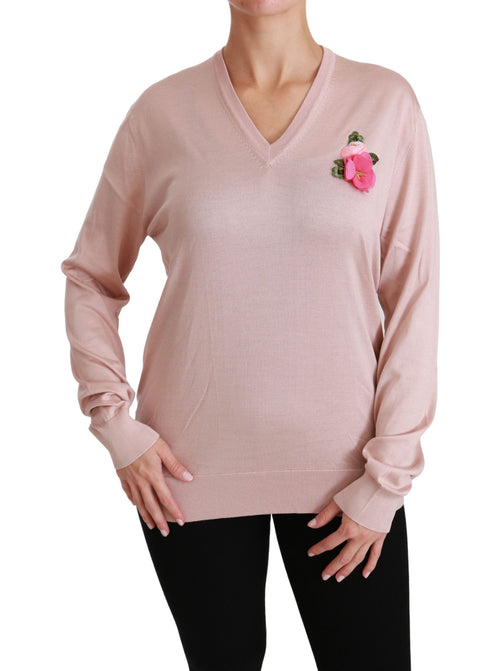 Dolce & Gabbana Pink Floral Embellished Pullover Silk Sweater - ClickThatClicks 