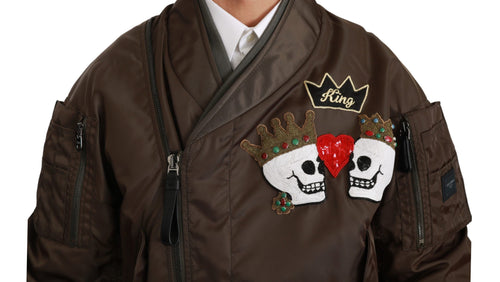 Dolce & Gabbana Brown Beaded Crown Skull Logo Jacket - ClickThatClicks 