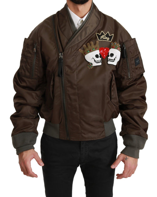 Dolce & Gabbana Brown Beaded Crown Skull Logo Jacket - ClickThatClicks 