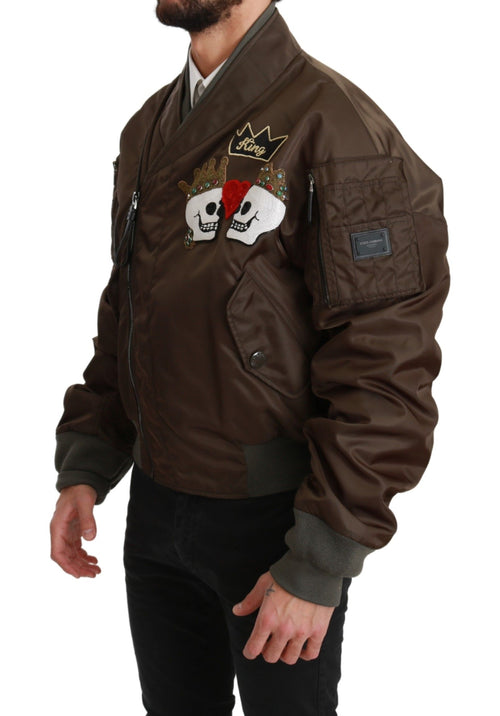 Dolce & Gabbana Brown Beaded Crown Skull Logo Jacket - ClickThatClicks 
