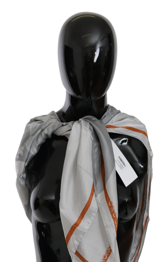 Costume National Gray Orange Silk Floral Foulard Wrap Scarf - ClickThatClicks 