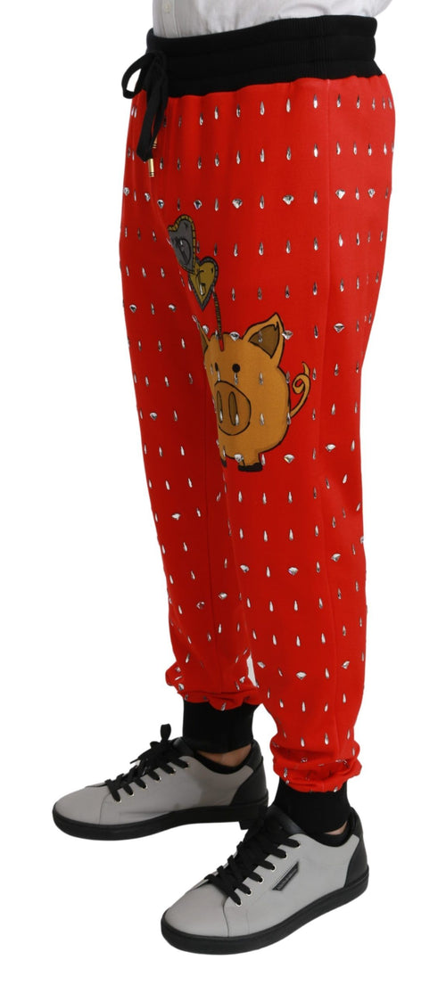 Dolce & Gabbana Red Piggy Bank Cotton Crystal Trousers Pants - ClickThatClicks 