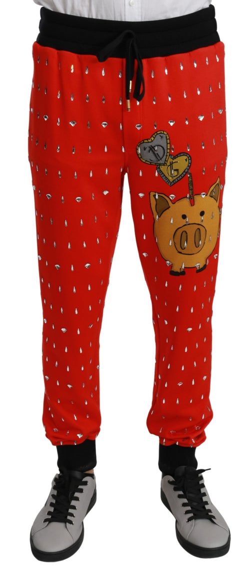 Dolce & Gabbana Red Piggy Bank Cotton Crystal Trousers Pants - ClickThatClicks 