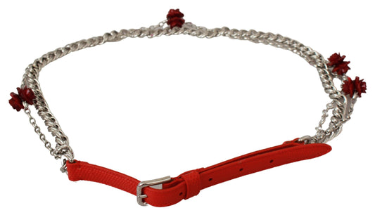 Dolce & Gabbana Red Leather Roses Floral Silver Waist Belt - ClickThatClicks 