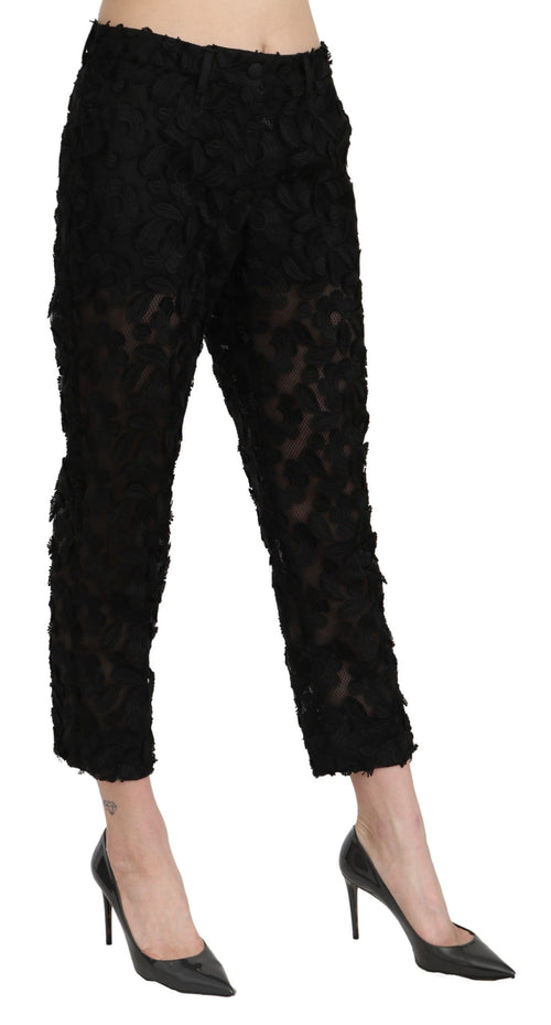 Dolce & Gabbana Black Lace Straight Cropped High Waist Pants - ClickThatClicks 