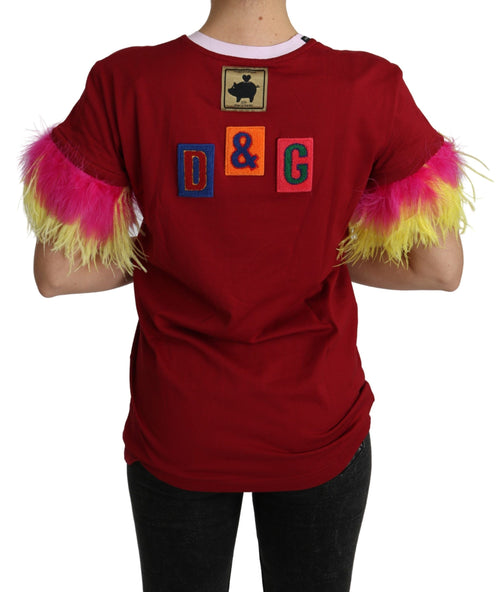 Dolce & Gabbana Red Pig Print Feather Sleeves T-shirt Top - ClickThatClicks 