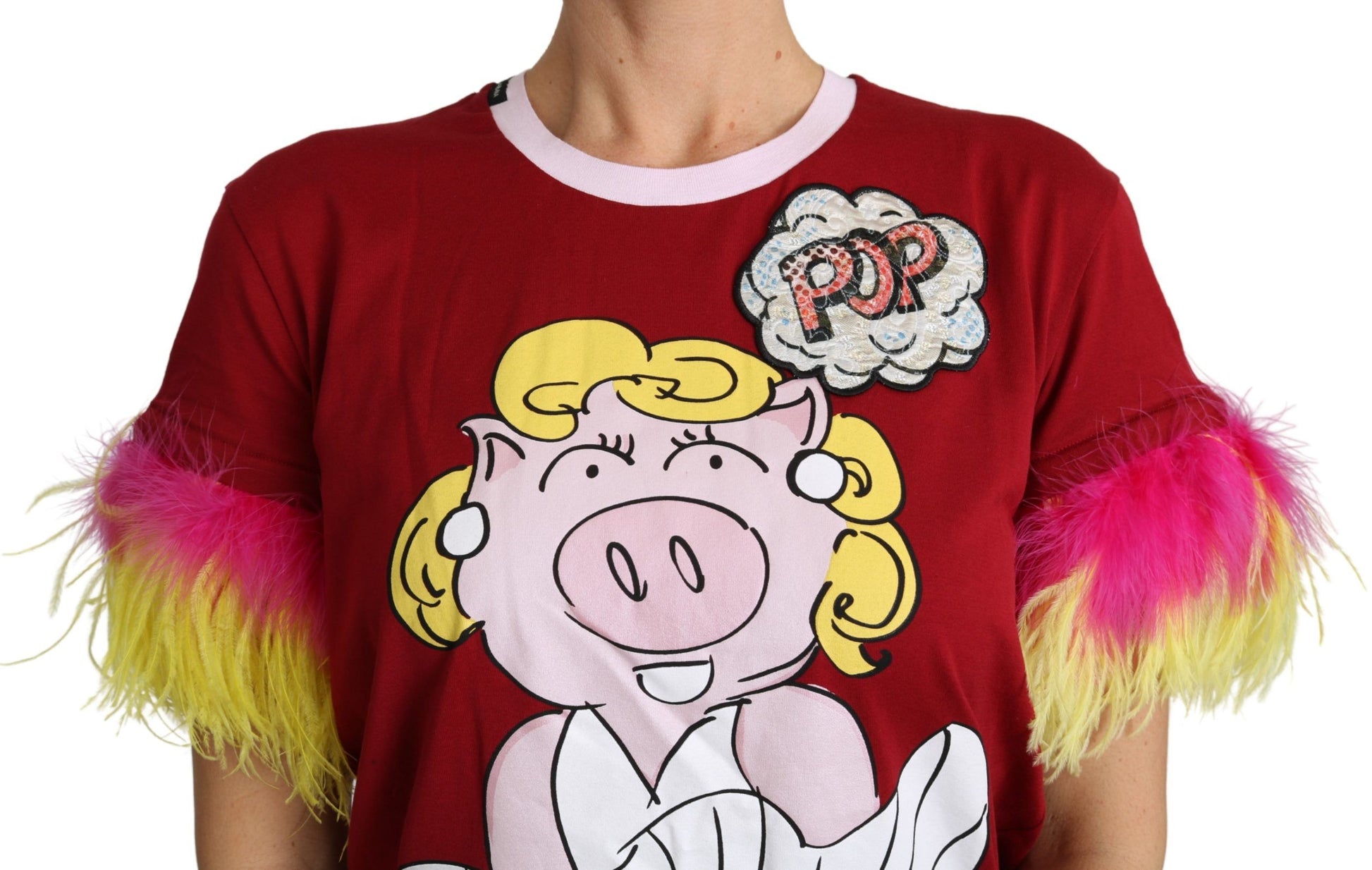 Dolce & Gabbana Red Pig Print Feather Sleeves T-shirt Top - ClickThatClicks 