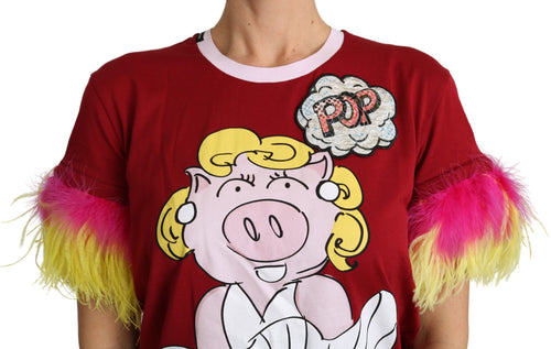 Dolce & Gabbana Red Pig Print Feather Sleeves T-shirt Top - ClickThatClicks 