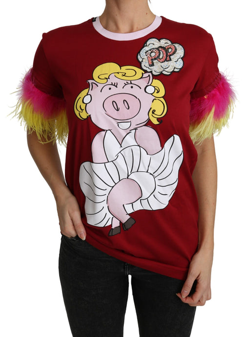 Dolce & Gabbana Red Pig Print Feather Sleeves T-shirt Top - ClickThatClicks 