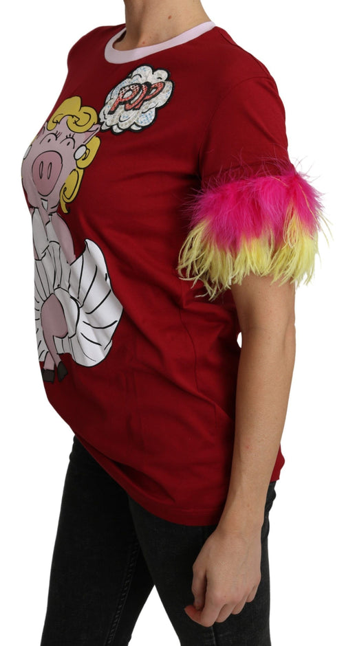 Dolce & Gabbana Red Pig Print Feather Sleeves T-shirt Top - ClickThatClicks 