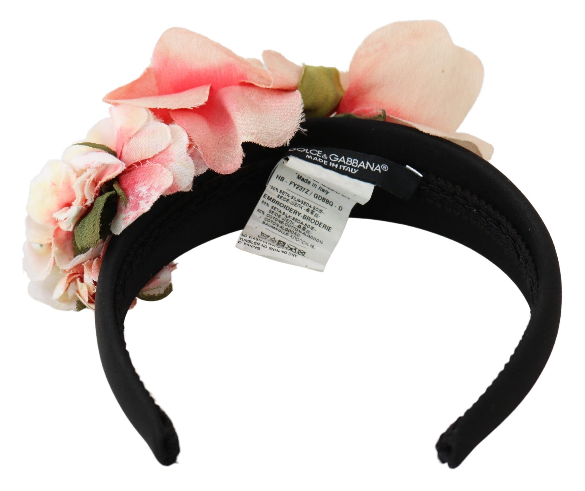 Dolce & Gabbana Pink Silk Black Floral Headband Logo Diadem - ClickThatClicks 