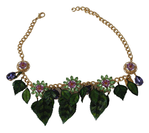 Dolce & Gabbana Green Leaves Gold Brass Crystal Flower Pendant Necklace - ClickThatClicks 
