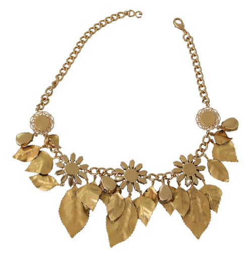 Dolce & Gabbana Green Leaves Gold Brass Crystal Flower Pendant Necklace - ClickThatClicks 