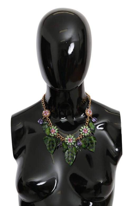 Dolce & Gabbana Green Leaves Gold Brass Crystal Flower Pendant Necklace - ClickThatClicks 