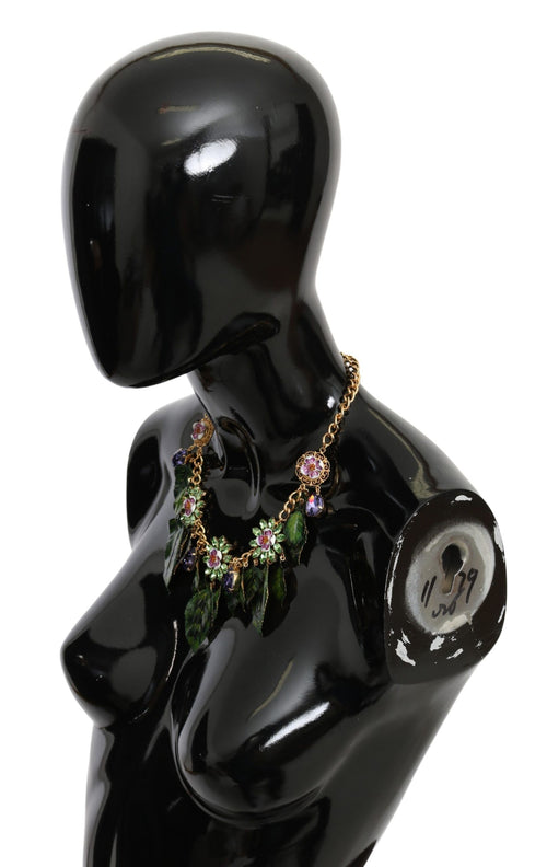 Dolce & Gabbana Green Leaves Gold Brass Crystal Flower Pendant Necklace - ClickThatClicks 